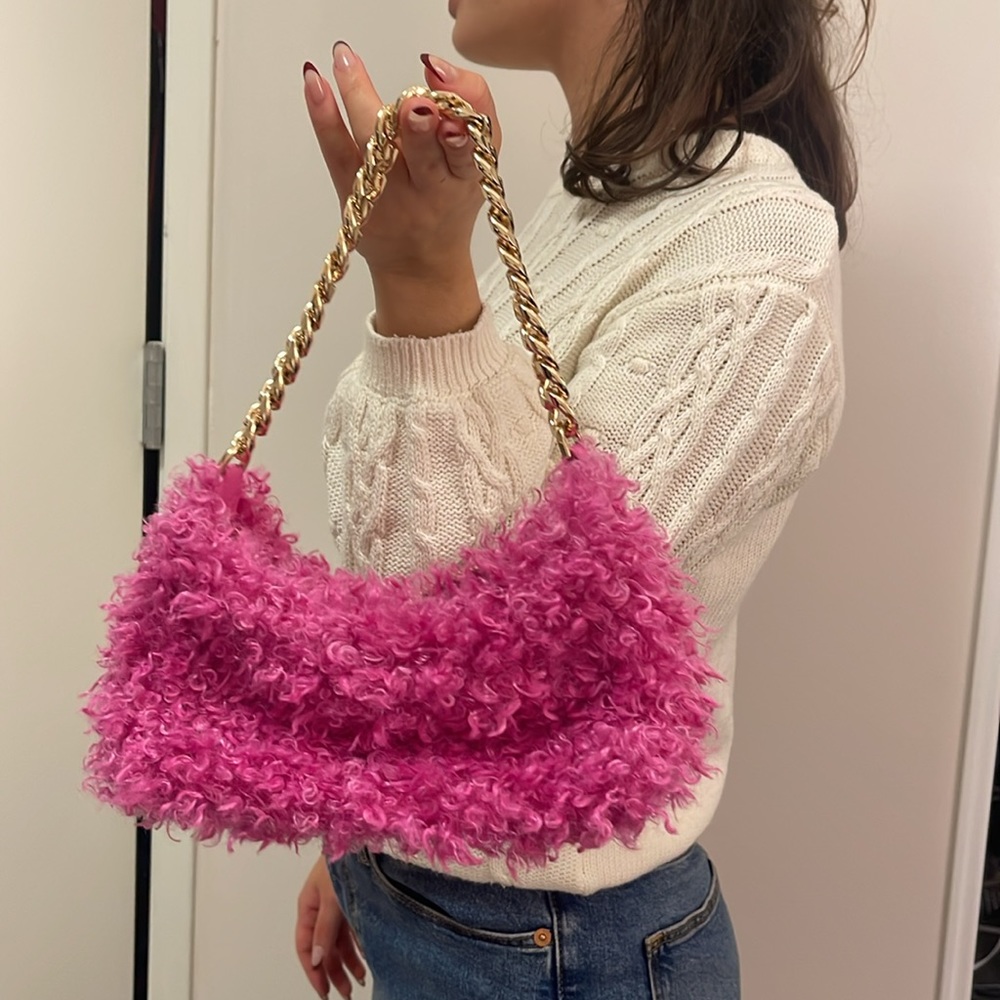 Small Pink A New Day fuzzy purse, with gold chain strap💕